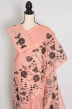 Mandira | Soft Peach & Black Semi Kota Silk Saree | Floral Appliqué