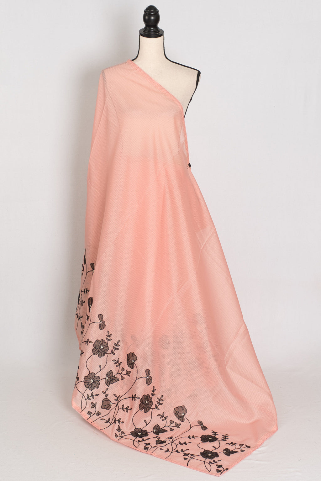 Mandira | Soft Peach & Black Semi Kota Silk Saree | Floral Appliqué