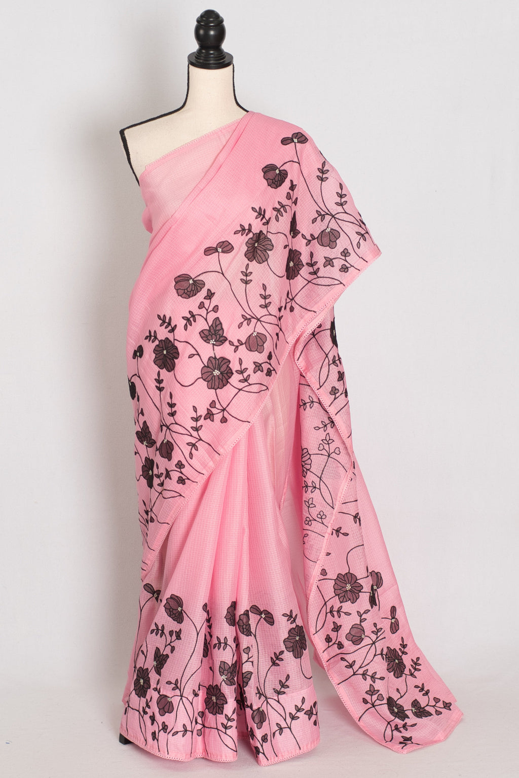 Neha | Pink Semi Kota Silk Saree with Appliqué Work & Machine Embroidery