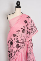Neha | Pink Semi Kota Silk Saree with Appliqué Work & Machine Embroidery