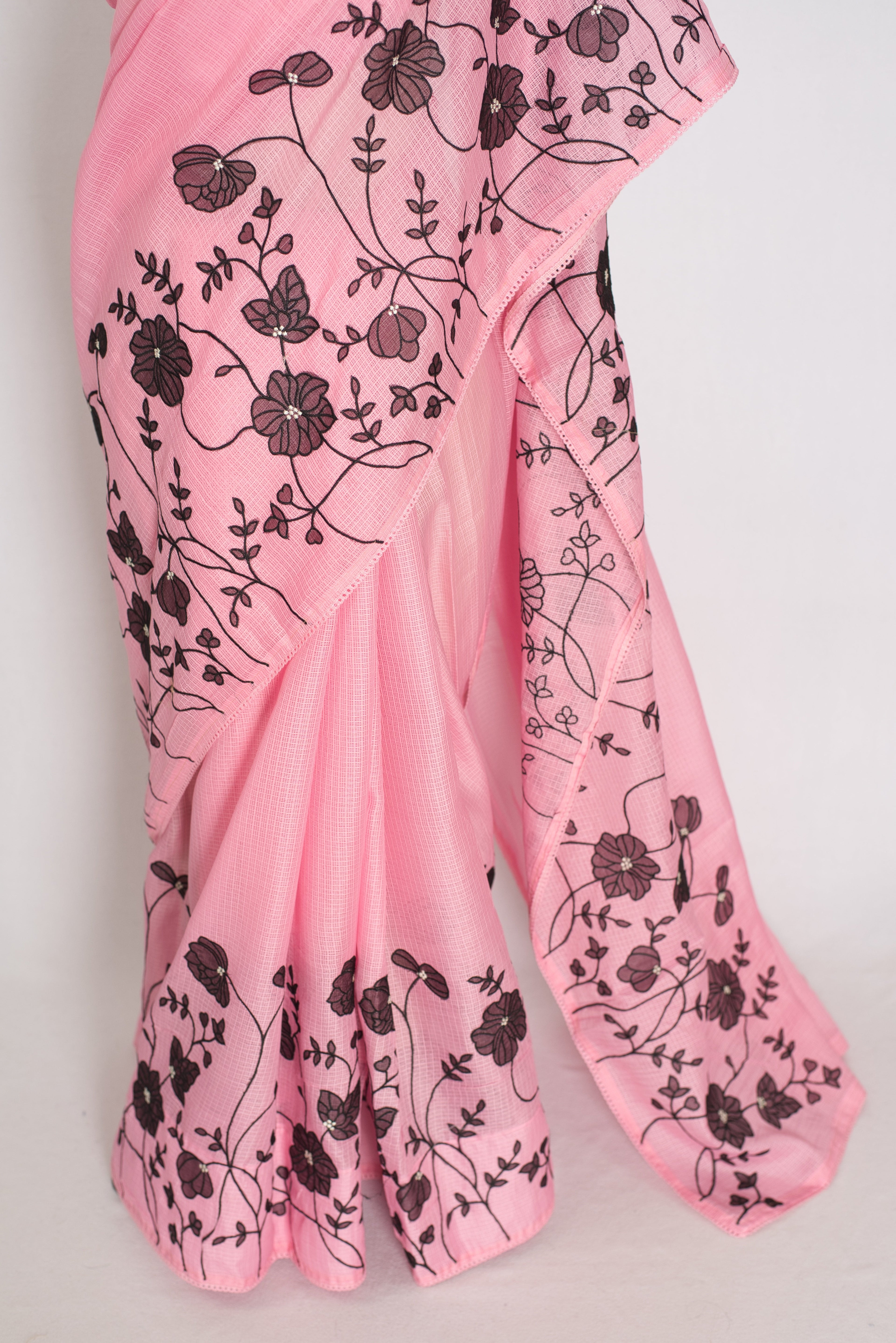 Neha | Pink Semi Kota Silk Saree with Appliqué Work & Machine Embroidery