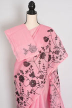 Neha | Pink Semi Kota Silk Saree with Appliqué Work & Machine Embroidery