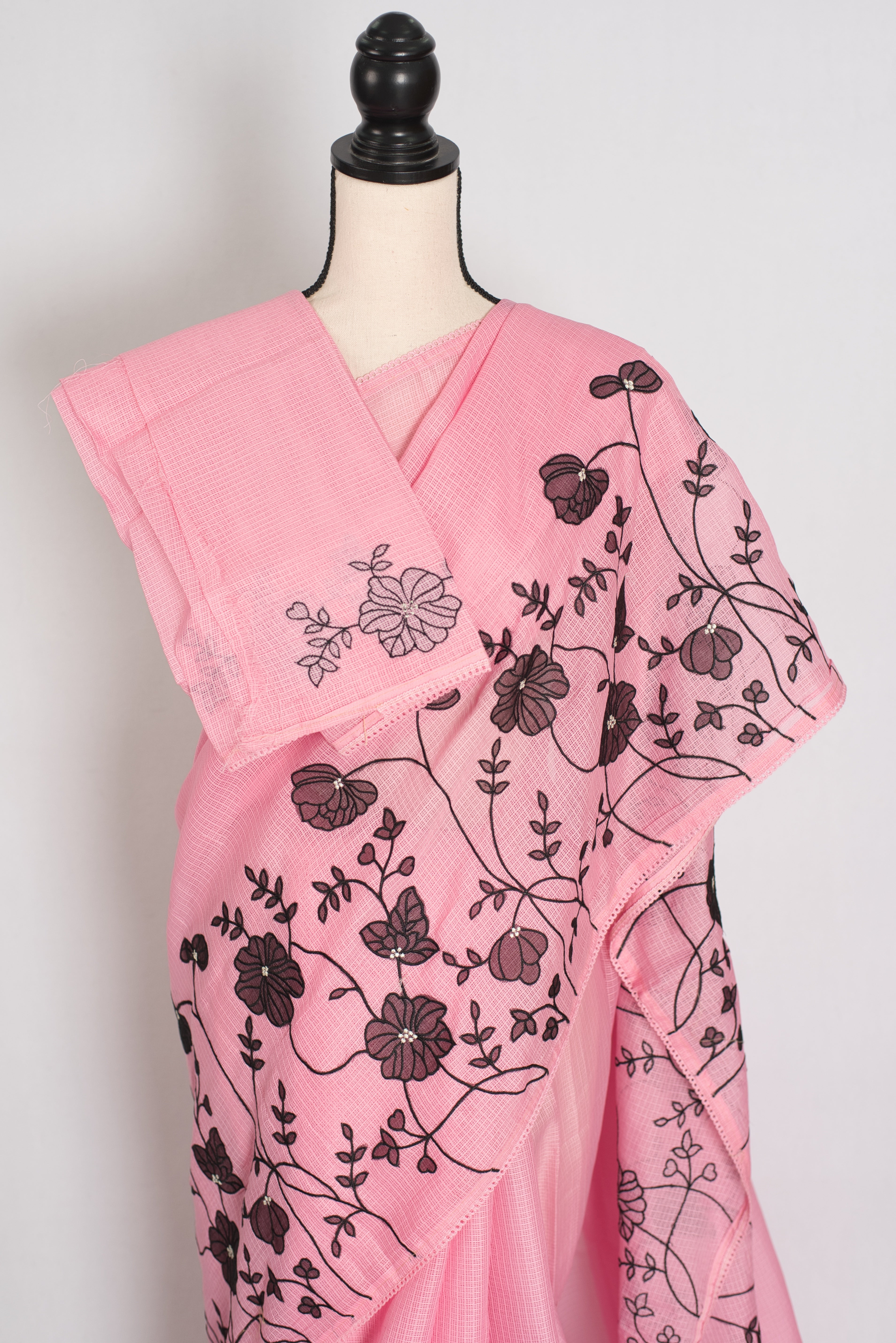 Neha | Pink Semi Kota Silk Saree with Appliqué Work & Machine Embroidery