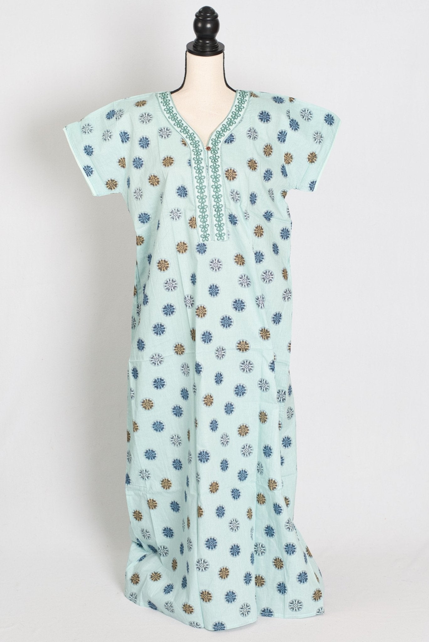 Printed Sky Blue Women Indian Cotton Nighty in Regular Size