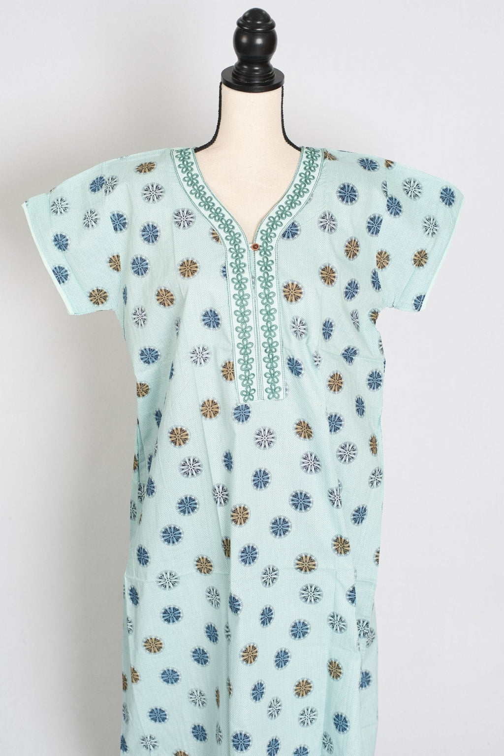 Printed Sky Blue Women Indian Cotton Nighty in Regular Size