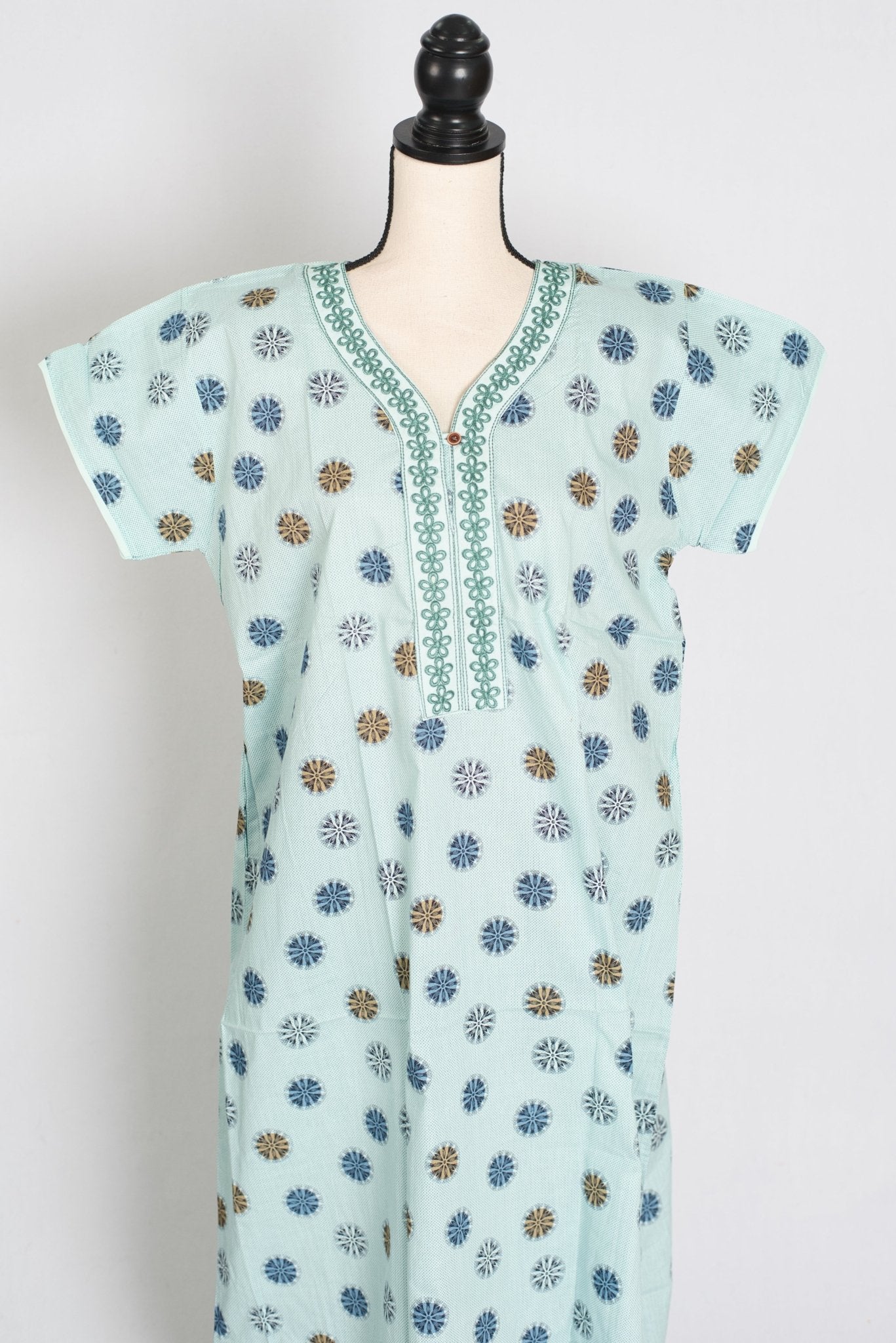 Printed Sky Blue Women Indian Cotton Nighty in Regular Size