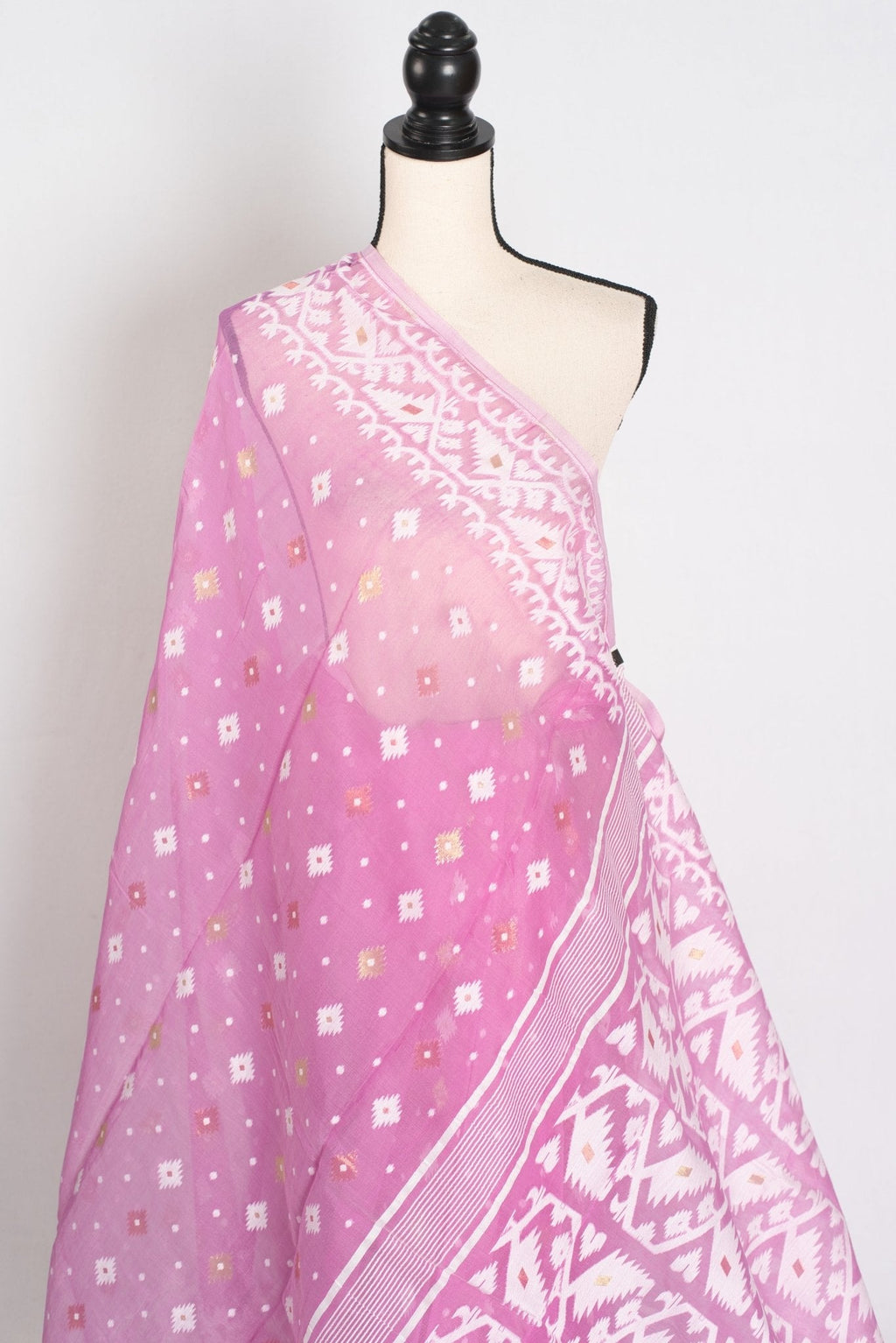Pritha : Blended Soft Cotton Jamdani Bengali Saree in Pink and White