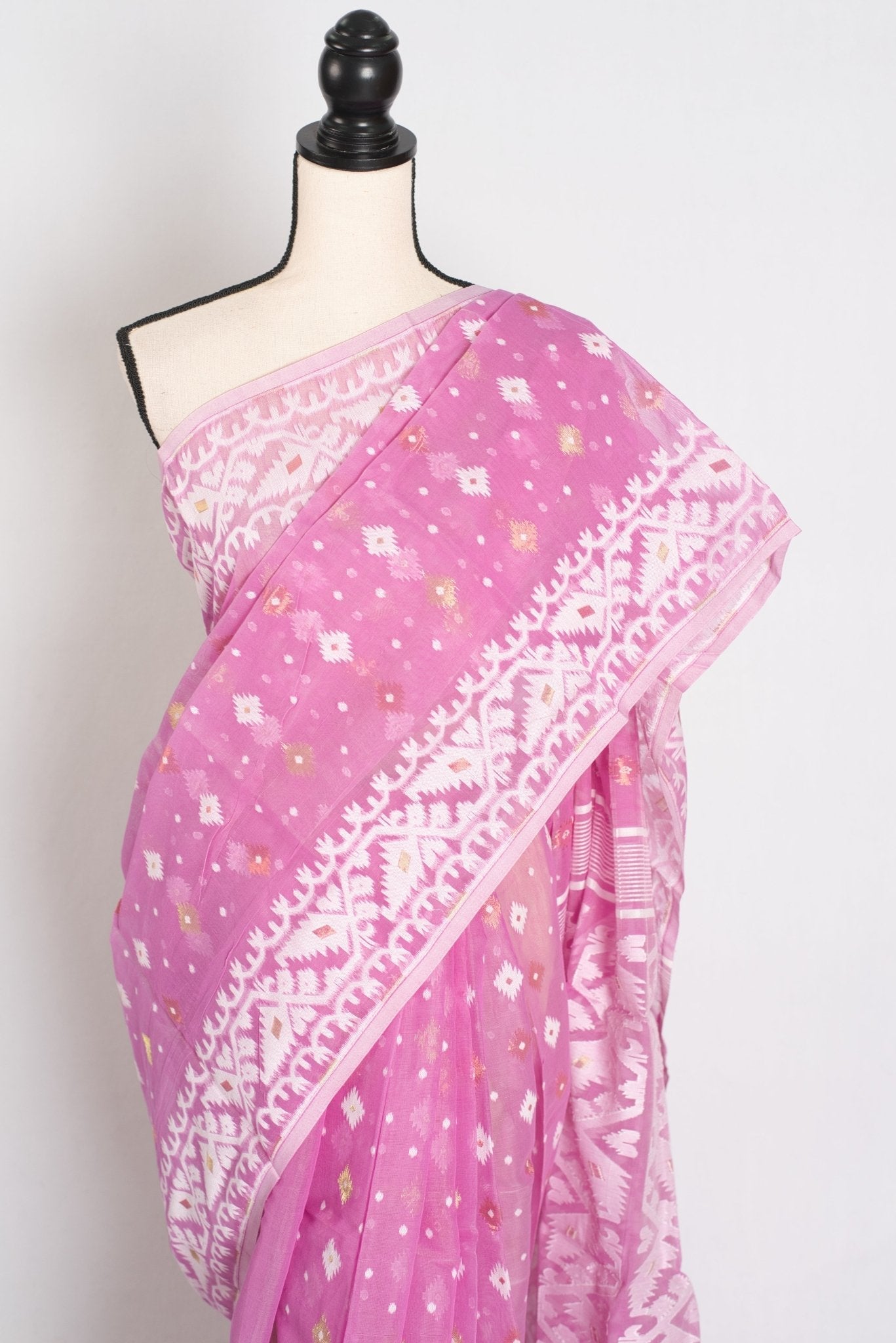 Pritha : Blended Soft Cotton Jamdani Bengali Saree in Pink and White