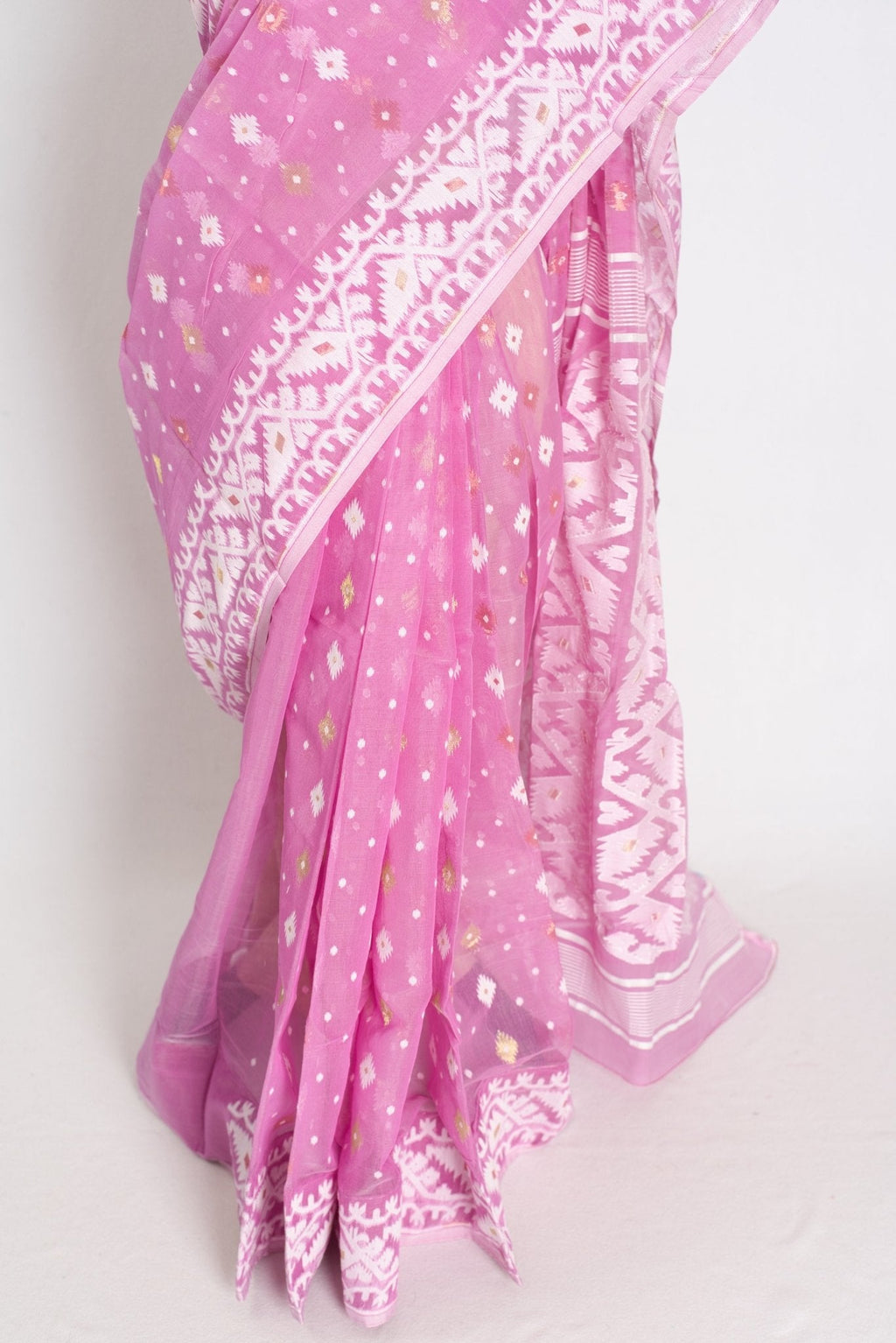 Pritha : Blended Soft Cotton Jamdani Bengali Saree in Pink and White