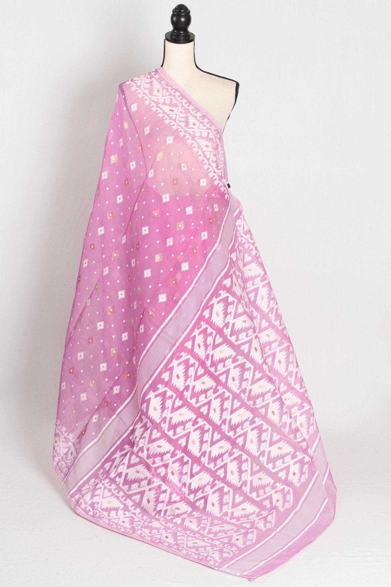 Pritha : Blended Soft Cotton Jamdani Bengali Saree in Pink and White