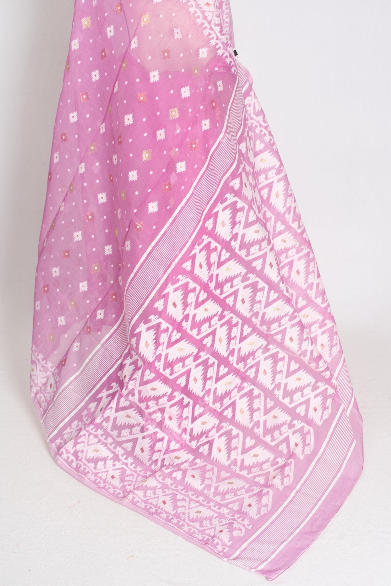 Pritha : Blended Soft Cotton Jamdani Bengali Saree in Pink and White