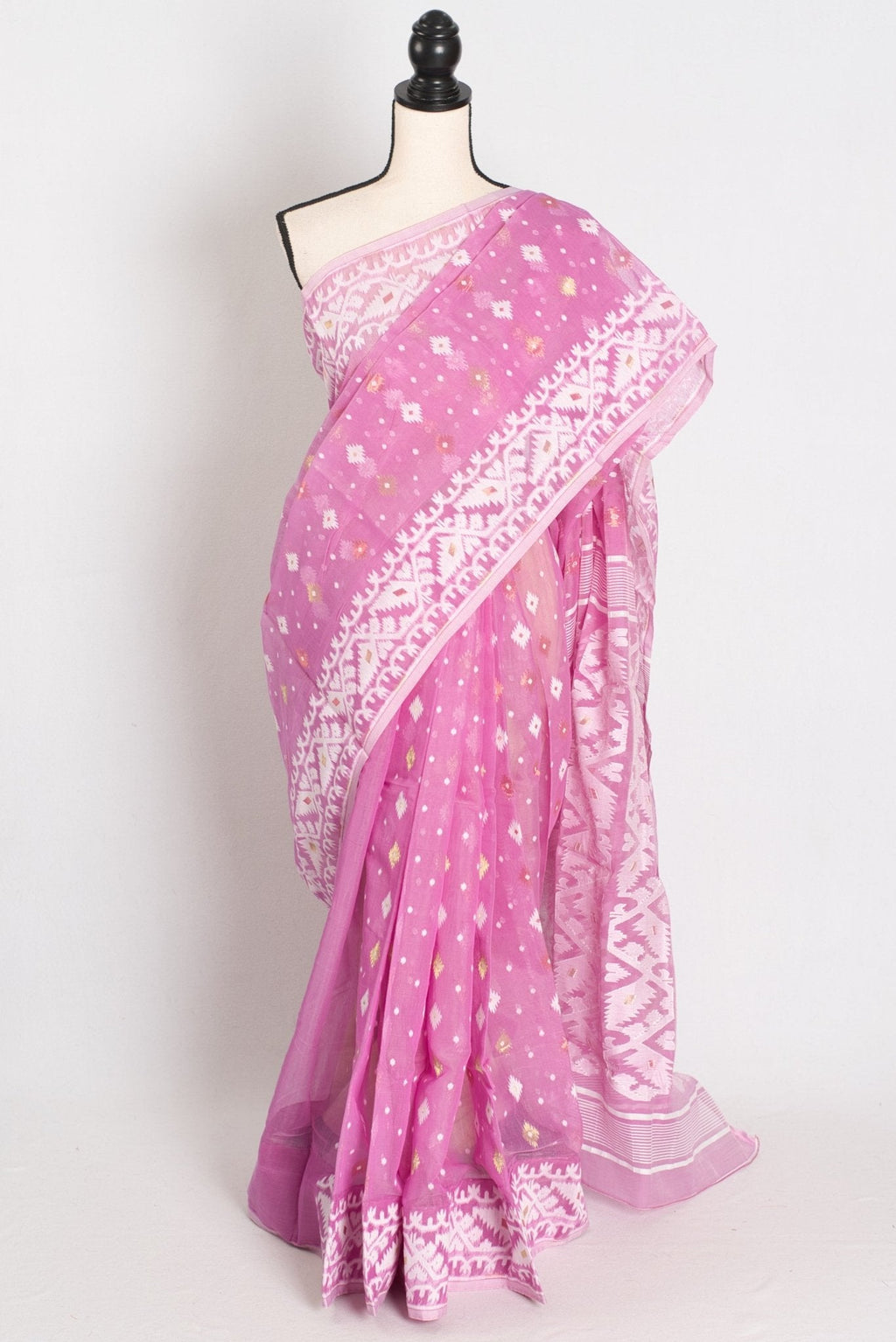 Pritha : Blended Soft Cotton Jamdani Bengali Saree in Pink and White