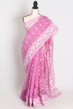 Pritha : Blended Soft Cotton Jamdani Bengali Saree in Pink and White