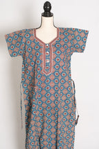 Pure Cotton Blue Kalamkari Printed Long Nighty in Regular Size