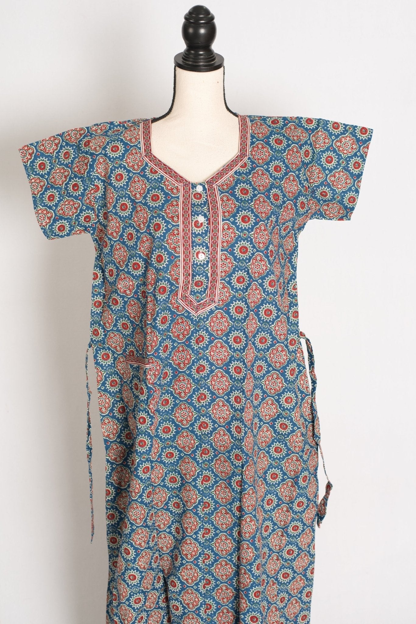 Pure Cotton Blue Kalamkari Printed Long Nighty in Regular Size
