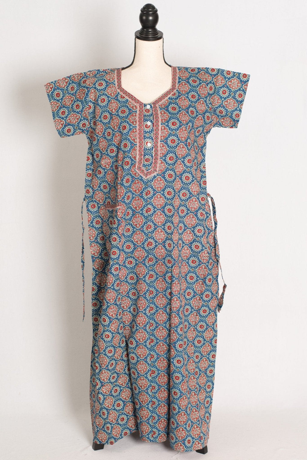 Pure Cotton Blue Kalamkari Printed Long Nighty in Regular Size