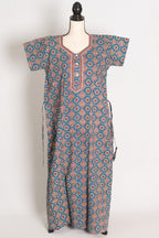 Pure Cotton Blue Kalamkari Printed Long Nighty in Regular Size
