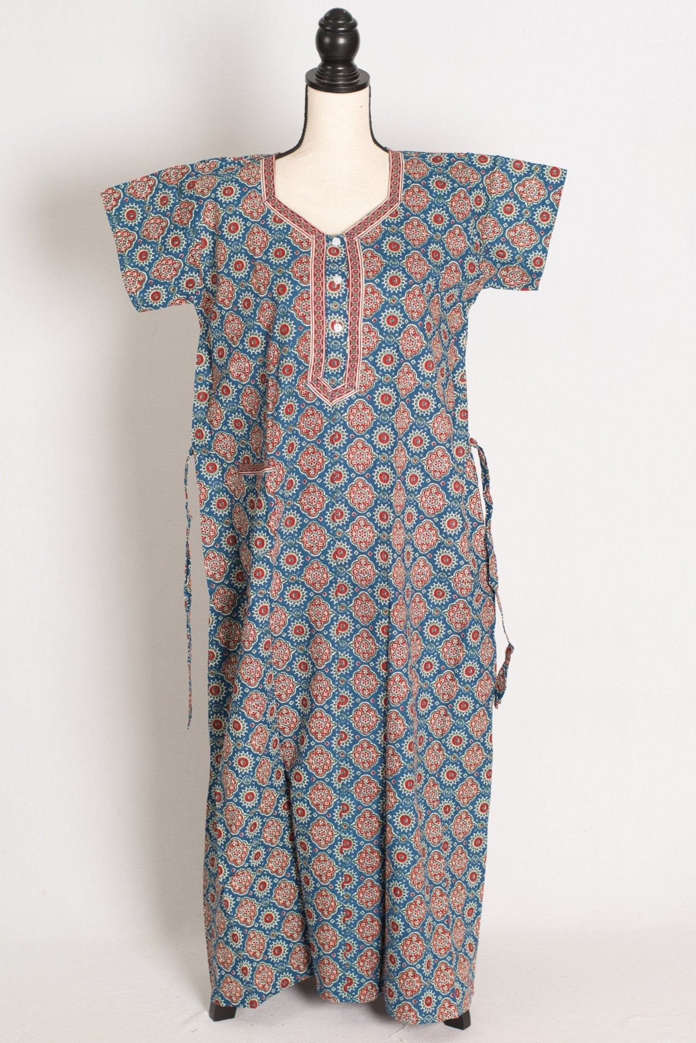 Pure Cotton Blue Kalamkari Printed Long Nighty in Regular Size