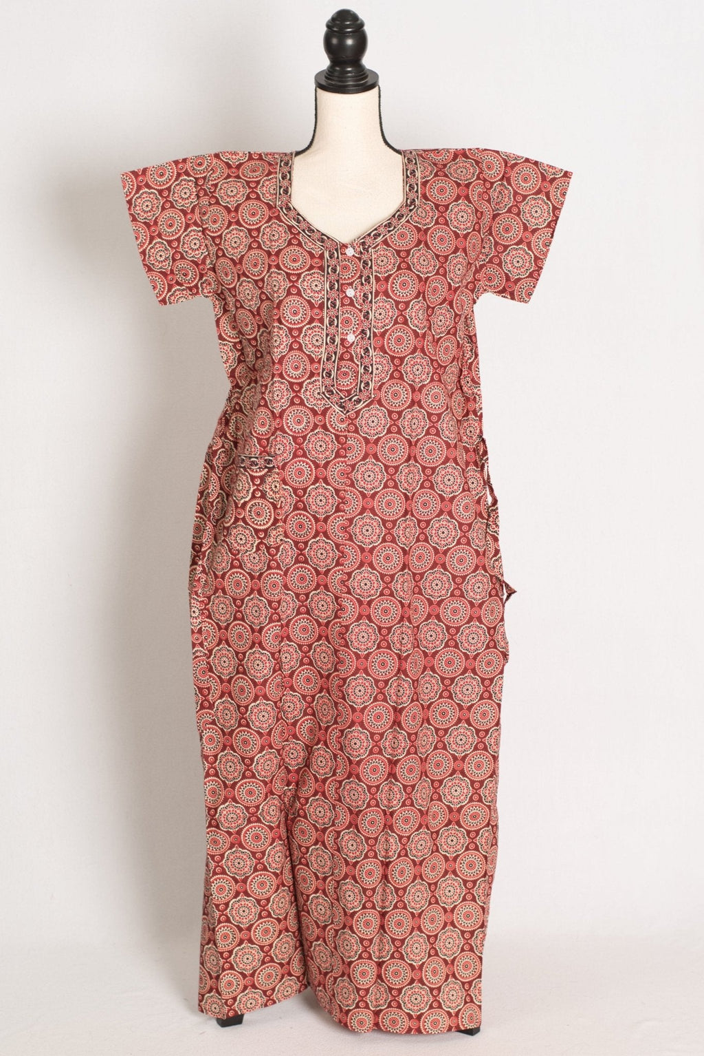 Pure Cotton Brick Red Kalamkari Printed Long Nighty in Regular Size