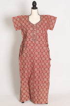 Pure Cotton Brick Red Kalamkari Printed Long Nighty in Regular Size