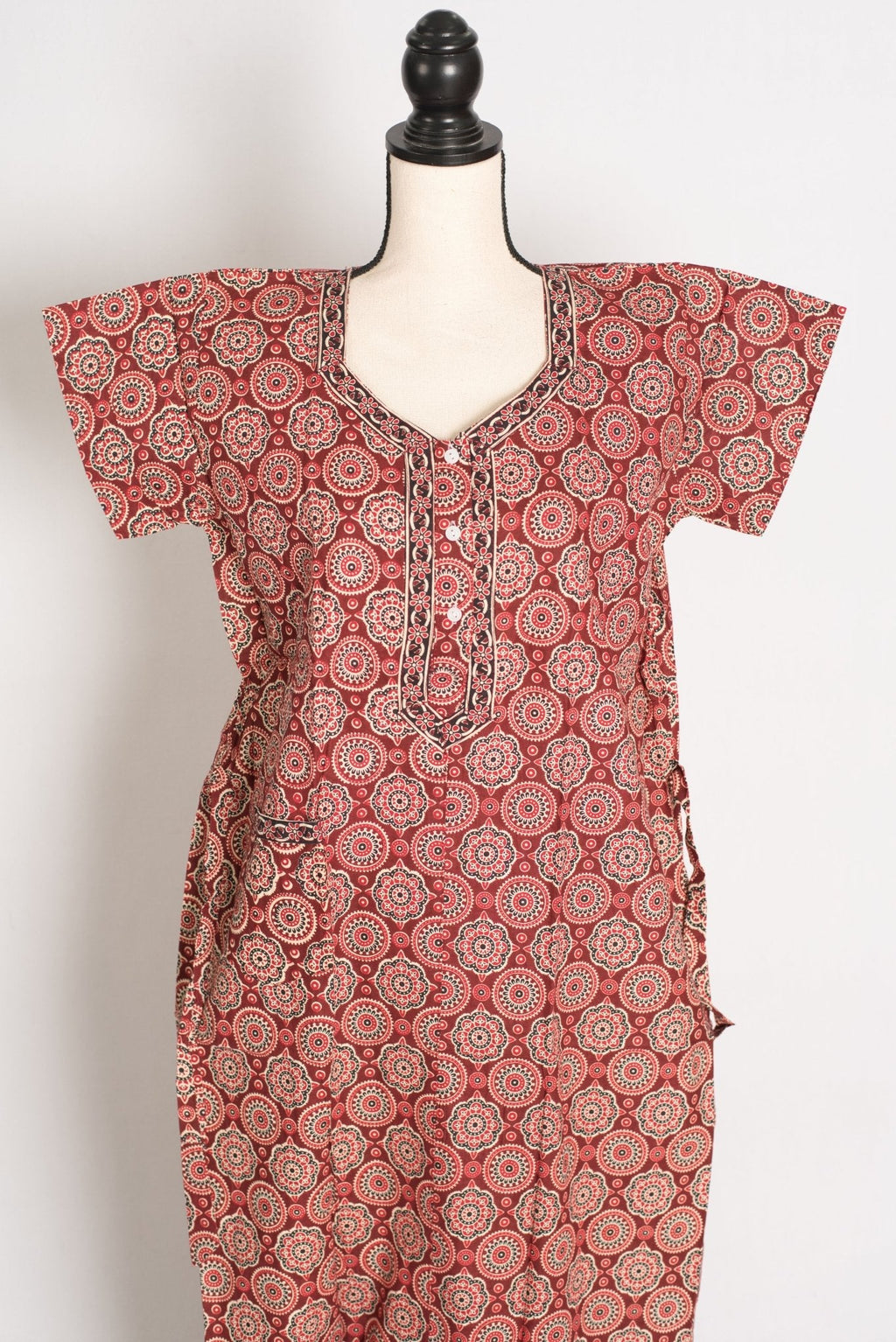 Pure Cotton Brick Red Kalamkari Printed Long Nighty in Regular Size