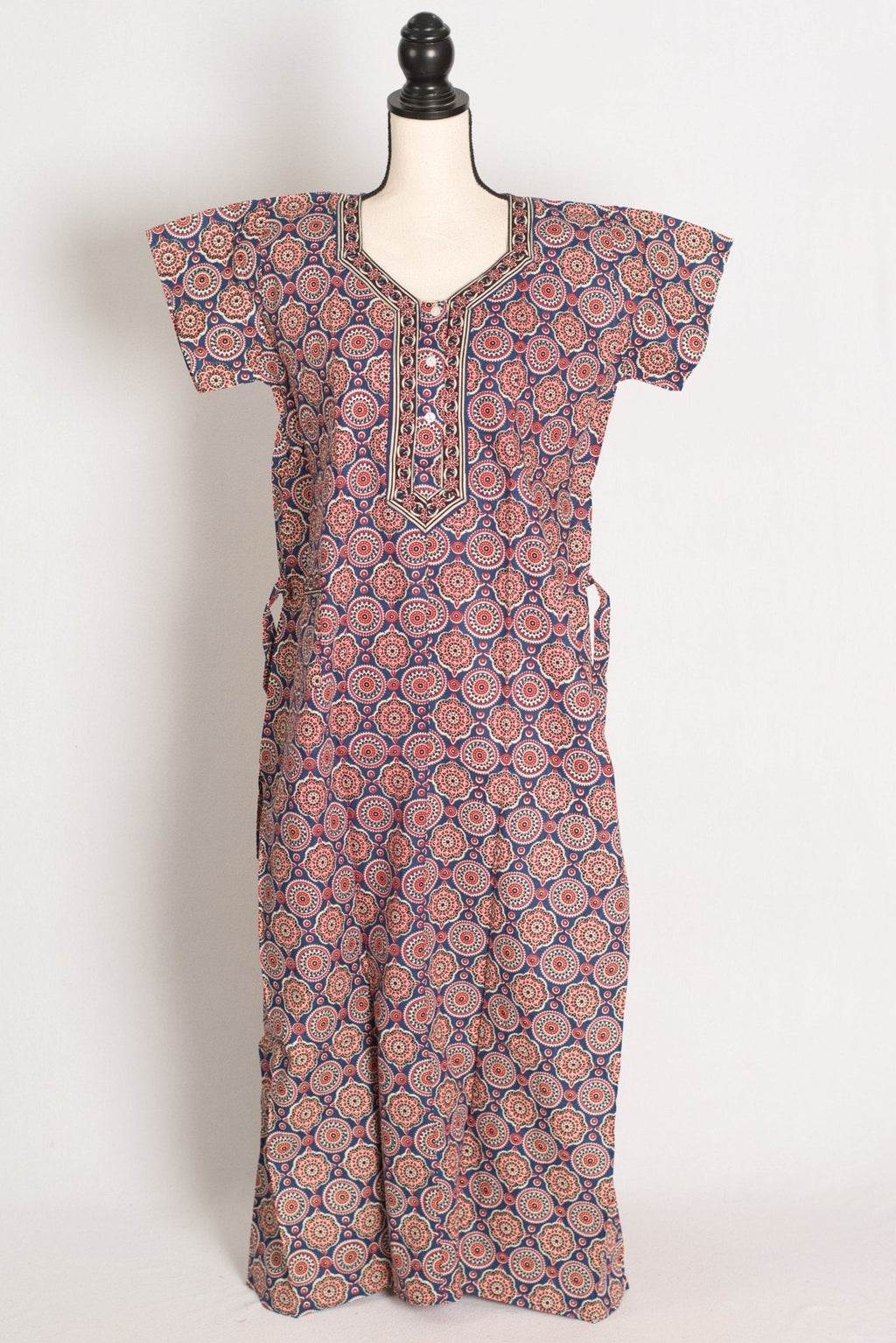 Pure Cotton Greyish Blue Kalamkari Printed Long Nighty in Regular Size