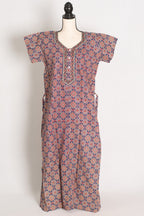 Pure Cotton Greyish Blue Kalamkari Printed Long Nighty in Regular Size