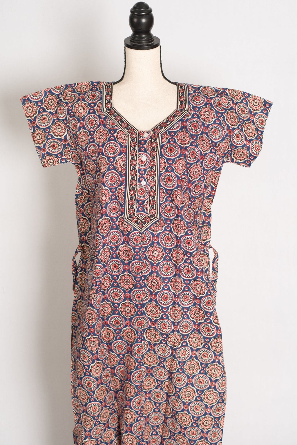 Pure Cotton Greyish Blue Kalamkari Printed Long Nighty in Regular Size