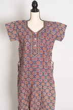 Pure Cotton Greyish Blue Kalamkari Printed Long Nighty in Regular Size
