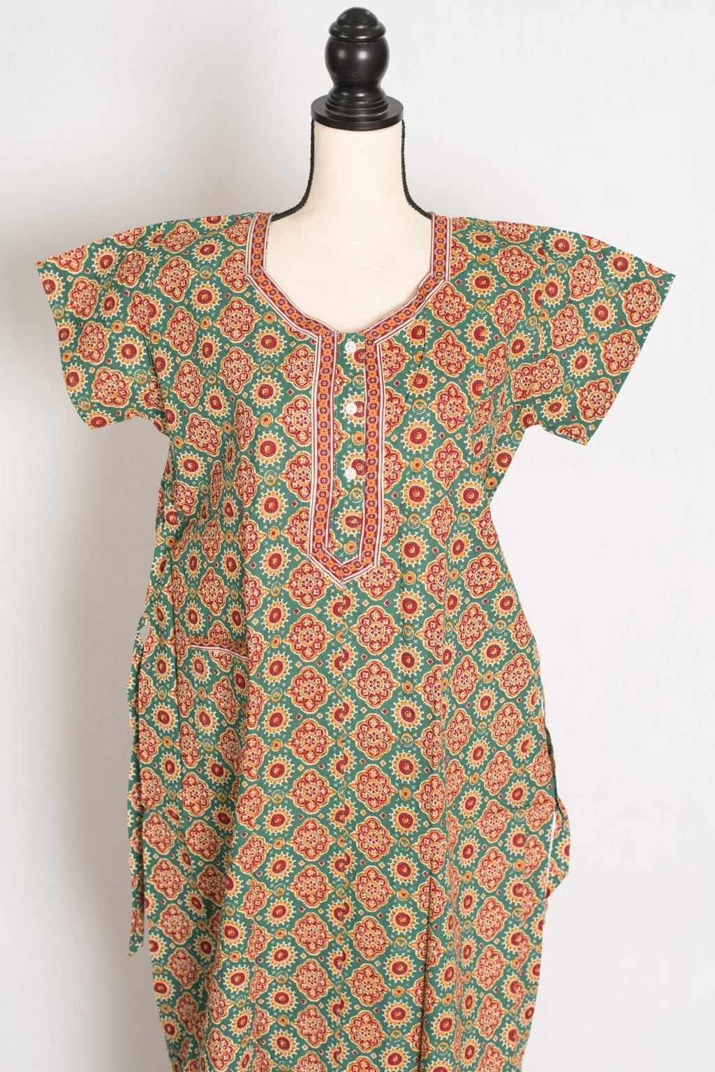 Pure Cotton Sea Green Kalamkari Printed Long Nighty in Regular Size