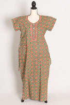 Pure Cotton Sea Green Kalamkari Printed Long Nighty in Regular Size