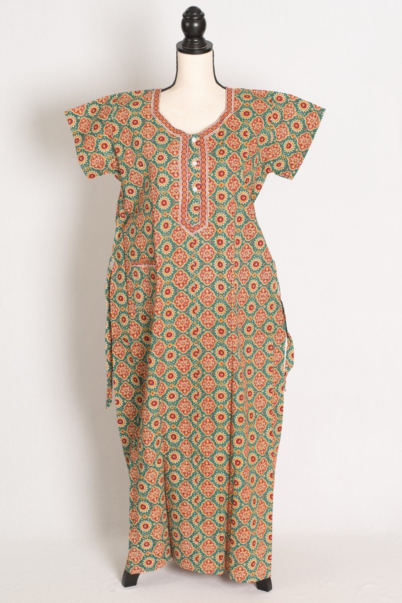 Pure Cotton Sea Green Kalamkari Printed Long Nighty in Regular Size