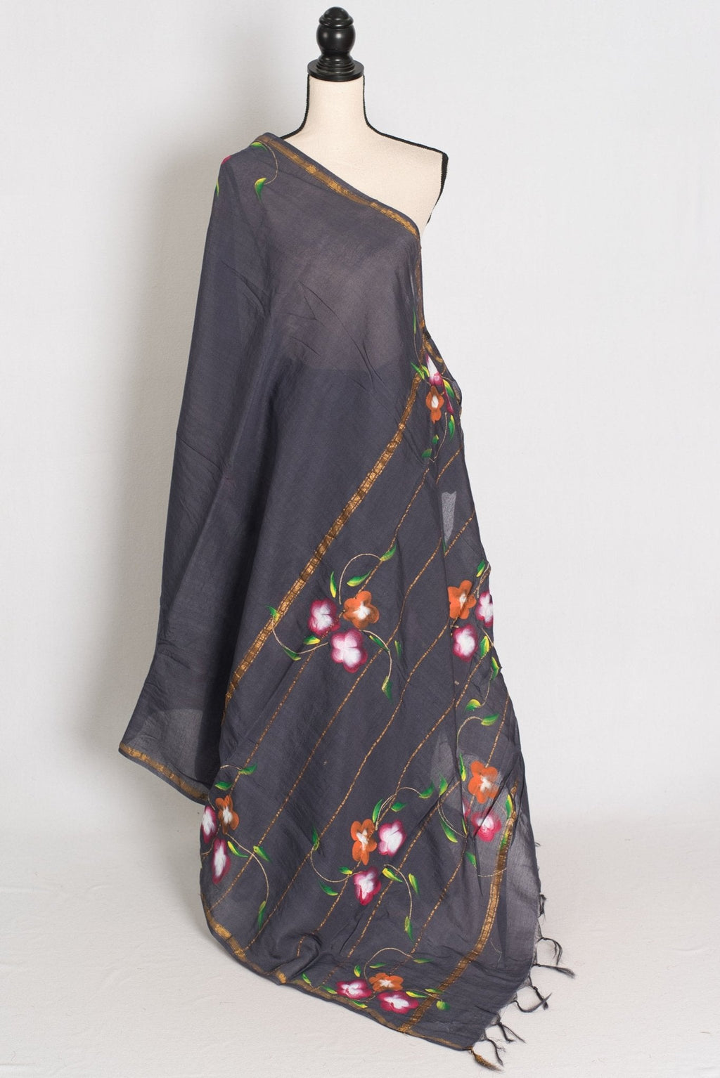 Rama Dark Grey & Gold Hand Painted Chanderi Cotton Saree