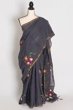 Rama Dark Grey & Gold Hand Painted Chanderi Cotton Saree