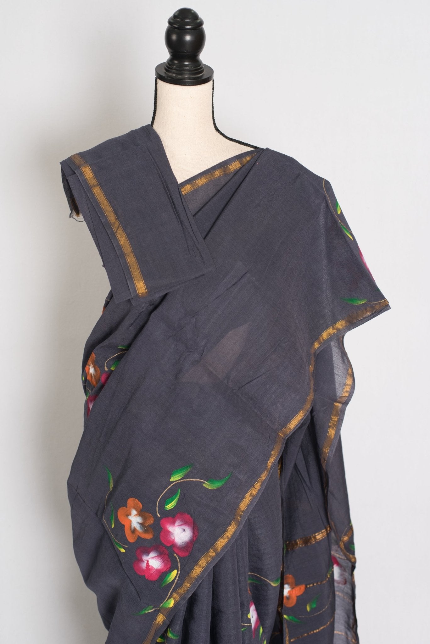 Rama Dark Grey & Gold Hand Painted Chanderi Cotton Saree