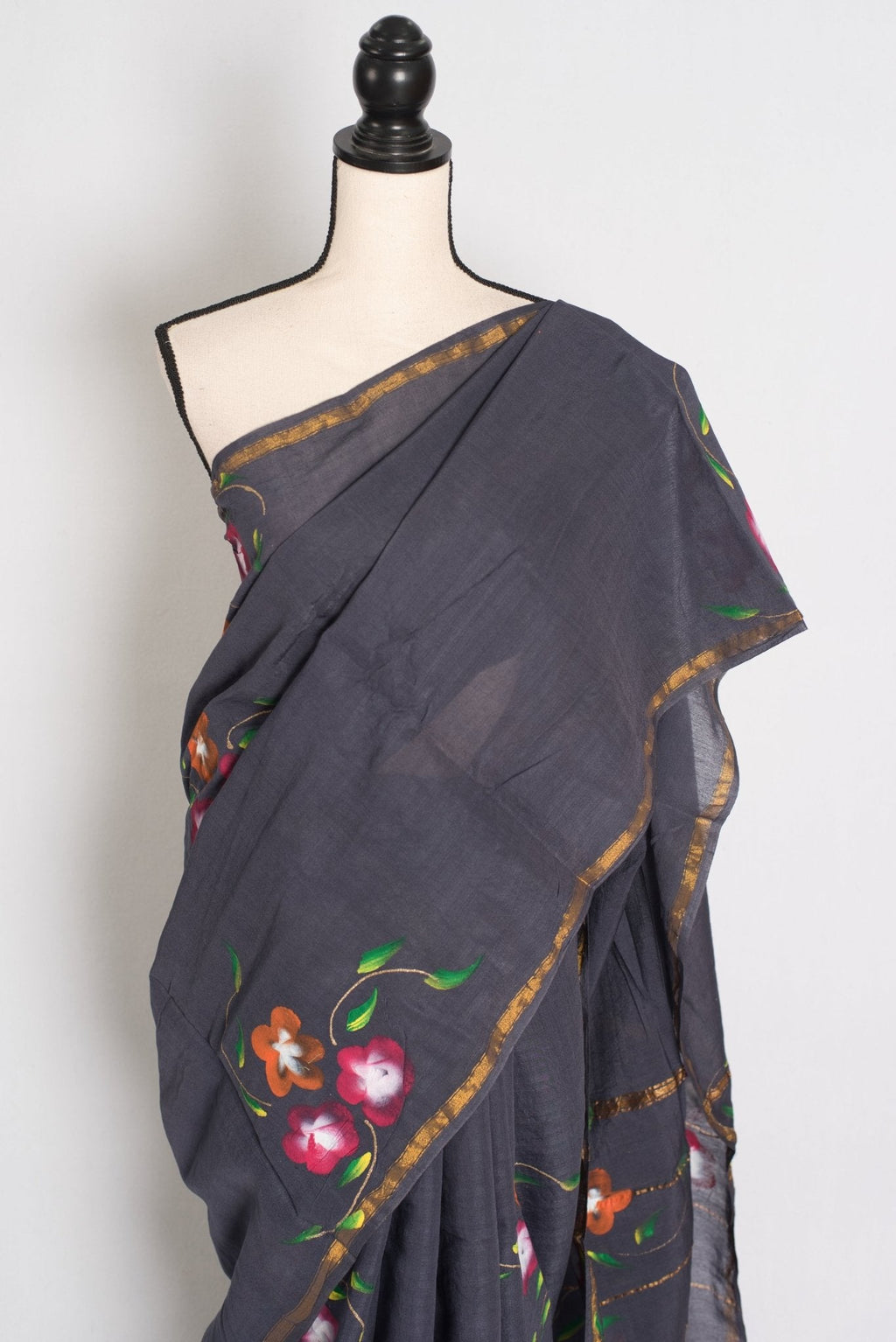 Rama Dark Grey & Gold Hand Painted Chanderi Cotton Saree