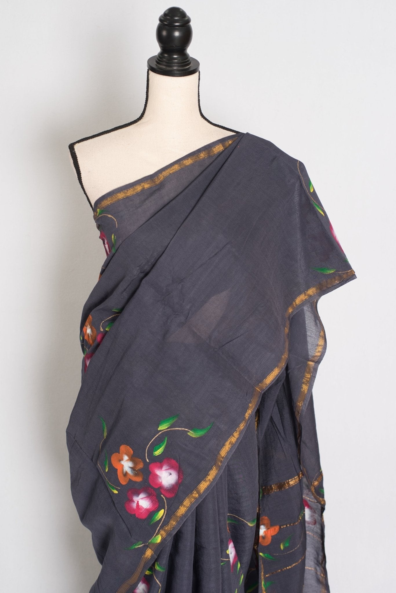 Rama Dark Grey & Gold Hand Painted Chanderi Cotton Saree