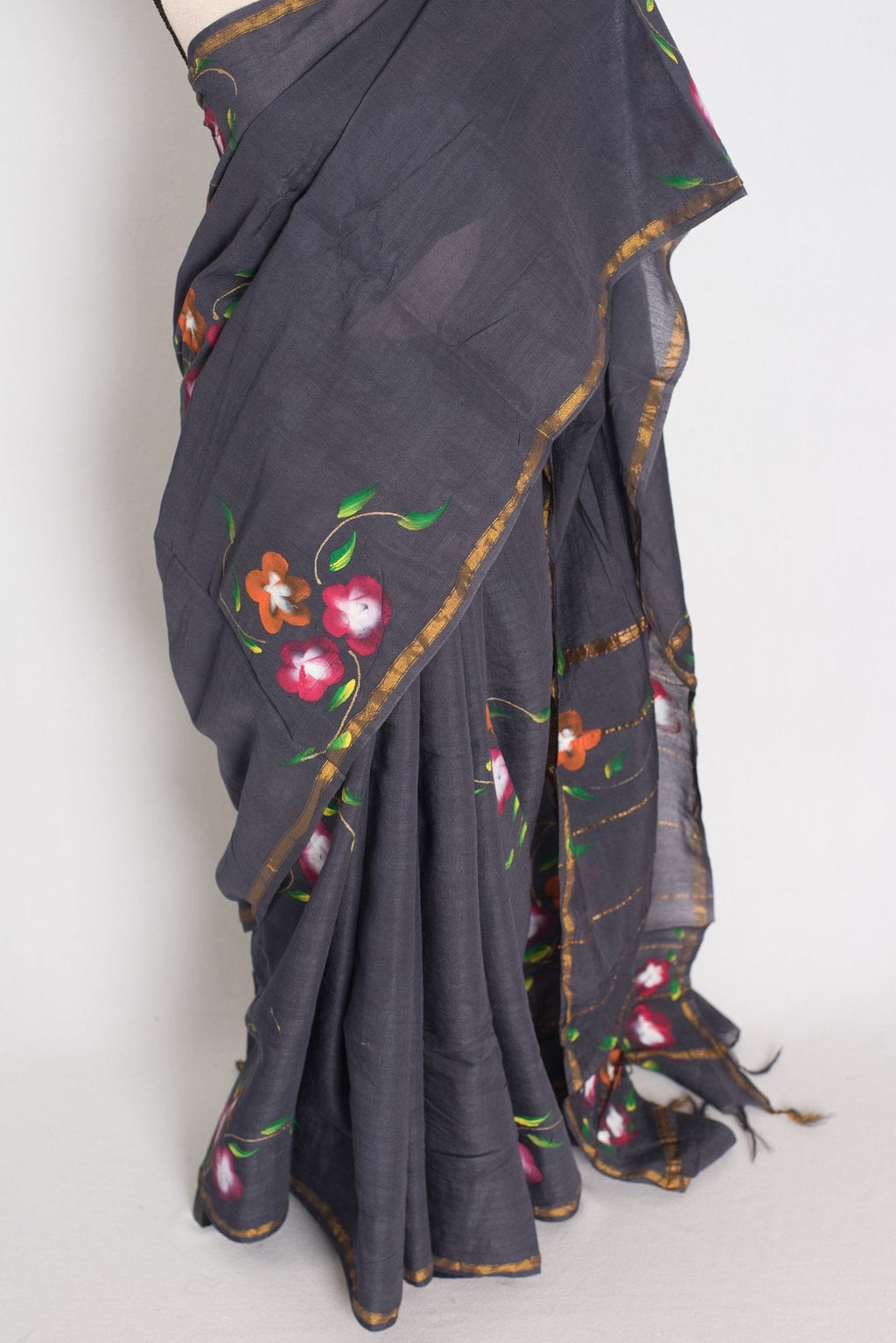 Rama Dark Grey & Gold Hand Painted Chanderi Cotton Saree