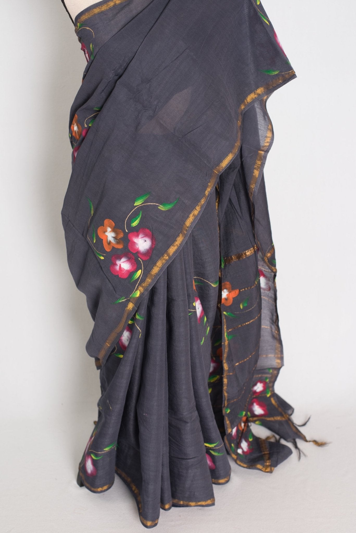 Rama Dark Grey & Gold Hand Painted Chanderi Cotton Saree