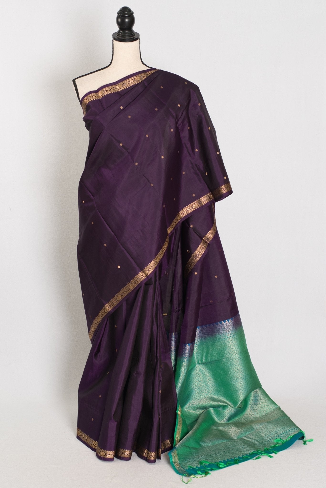 Rama: Eggplant Purple & Sea Green Minimalist Kanjivaram Silk Saree
