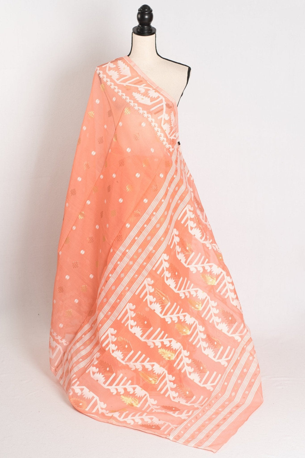 Ramani : Peach Orange Blended Soft Cotton Jamdani Bengali Saree