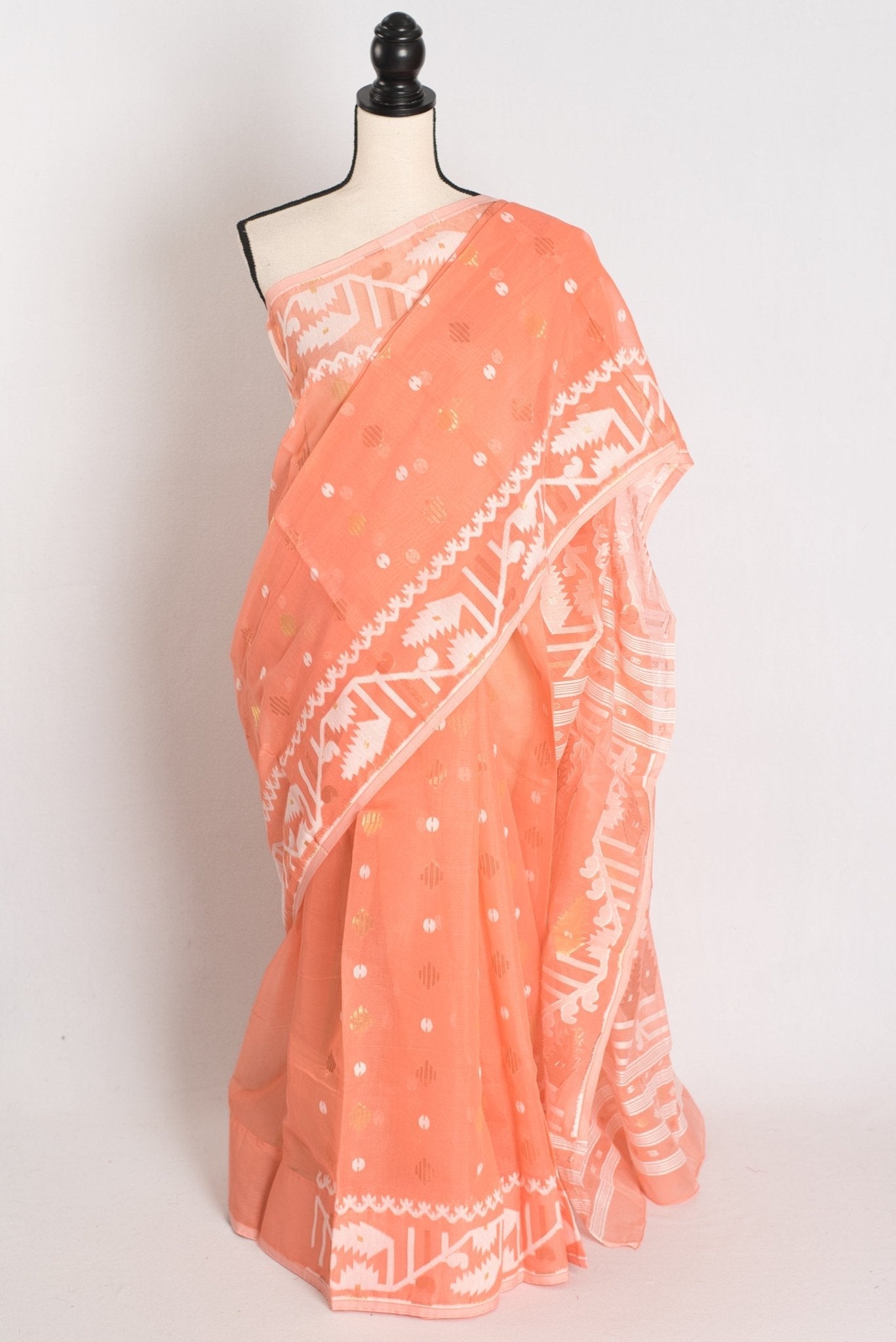 Ramani : Peach Orange Blended Soft Cotton Jamdani Bengali Saree