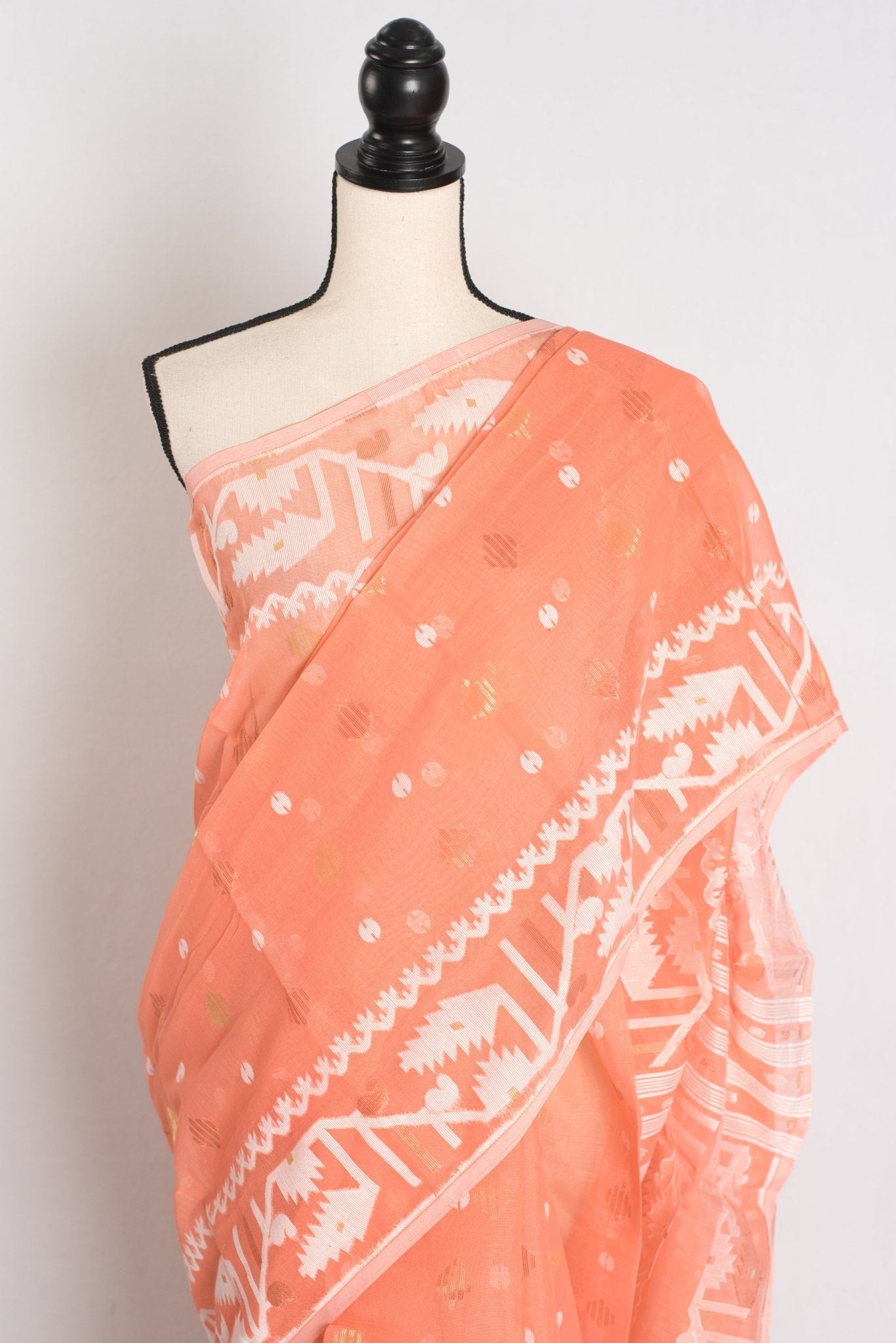 Ramani : Peach Orange Blended Soft Cotton Jamdani Bengali Saree