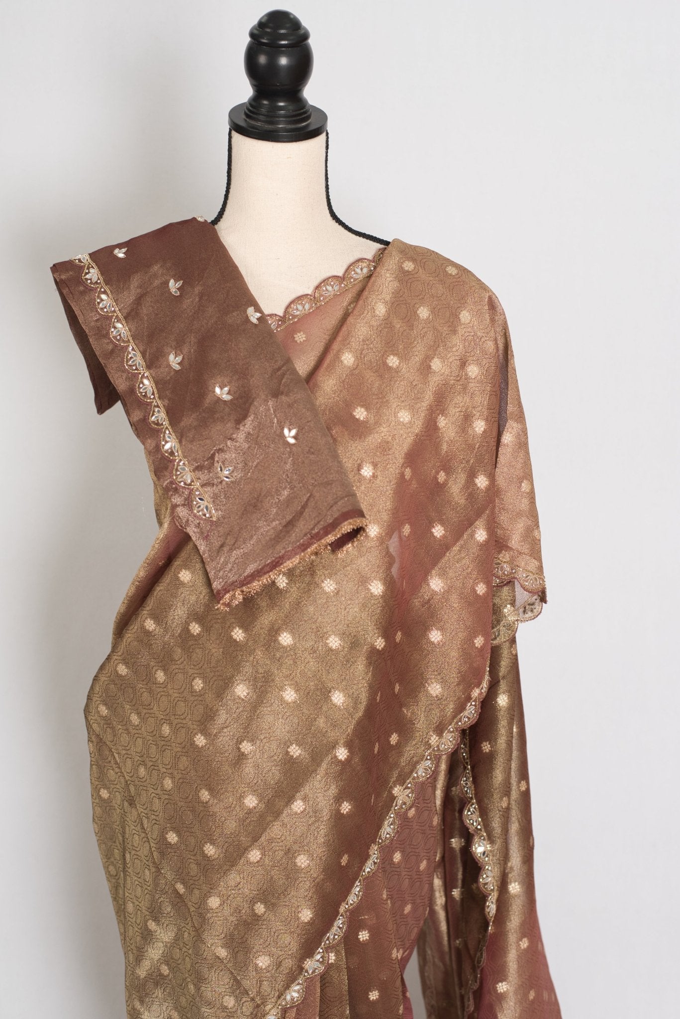 Rashmi: Brown Soft Tissue Saree with Hand Zardosi Embroidery | Partywear
