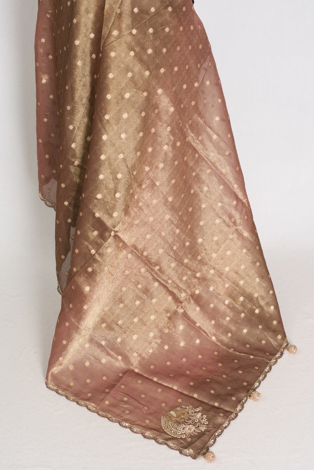 Rashmi: Brown Soft Tissue Saree with Hand Zardosi Embroidery | Partywear