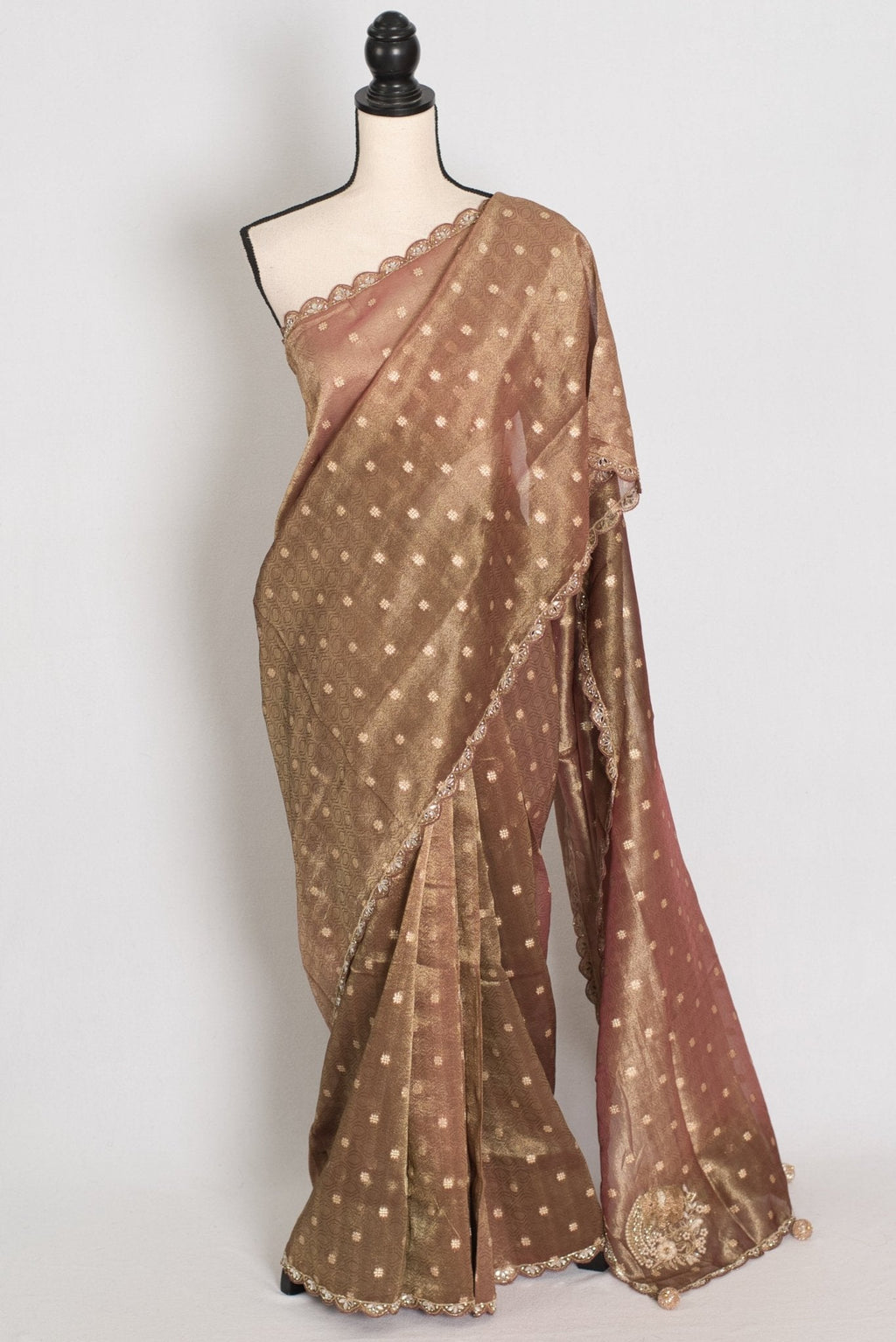Rashmi: Brown Soft Tissue Saree with Hand Zardosi Embroidery | Partywear