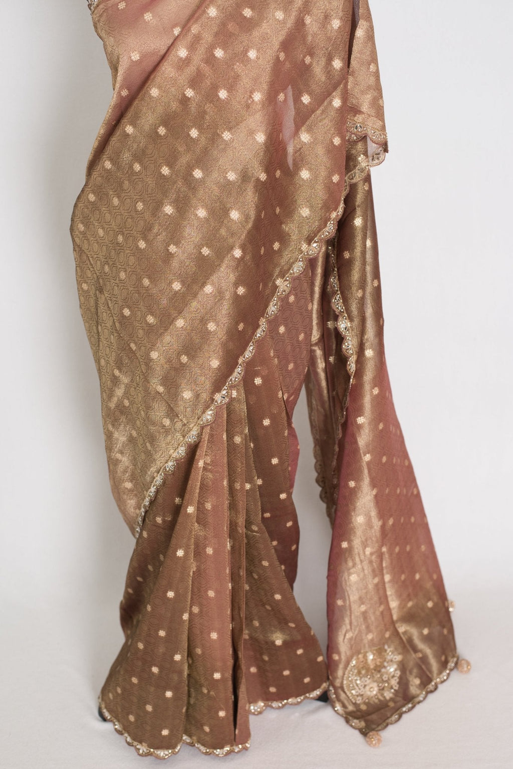 Rashmi: Brown Soft Tissue Saree with Hand Zardosi Embroidery | Partywear