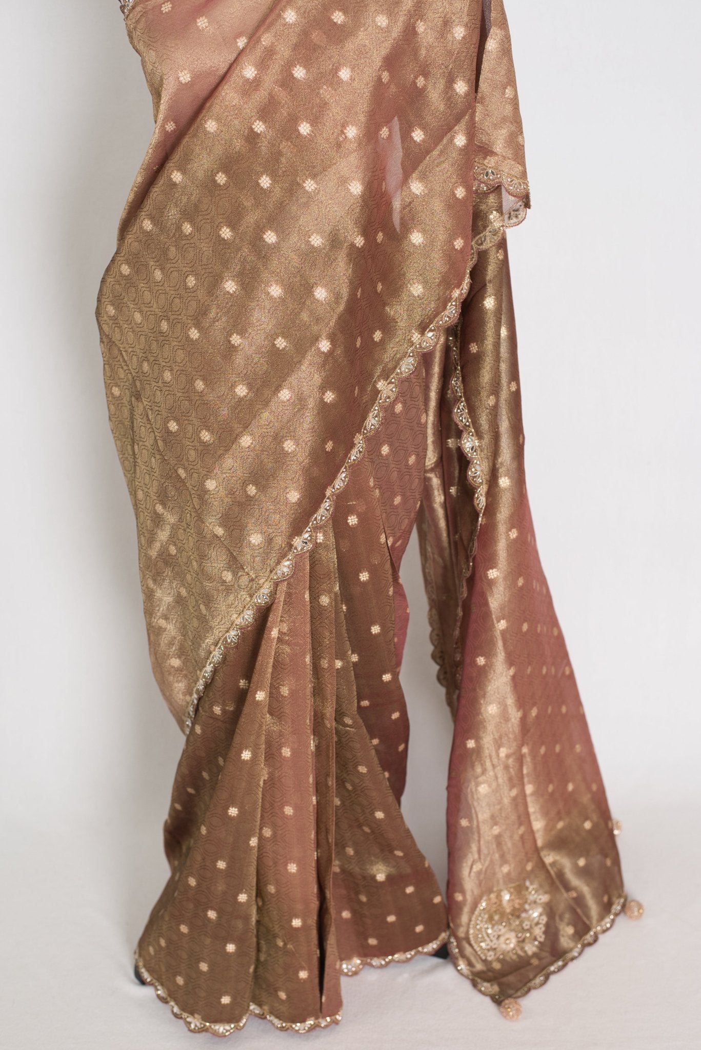 Rashmi: Brown Soft Tissue Saree with Hand Zardosi Embroidery | Partywear