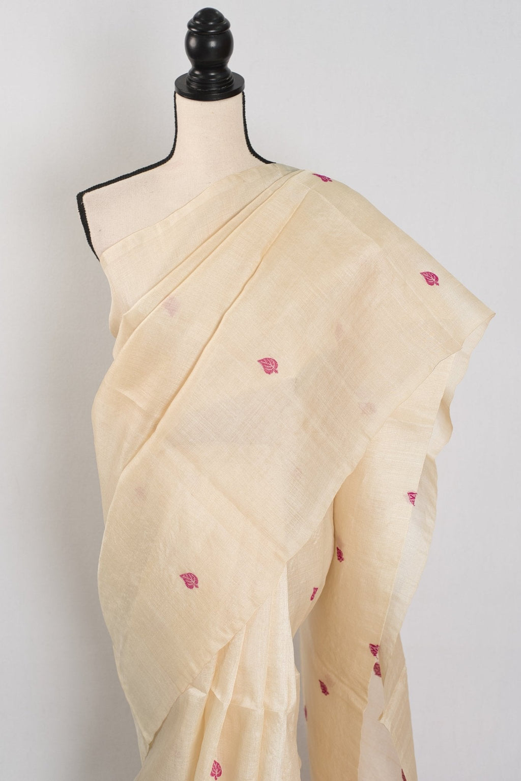 Renu: Cream & Pink Bengal Tussar Silk Saree | Silk Mark Certified