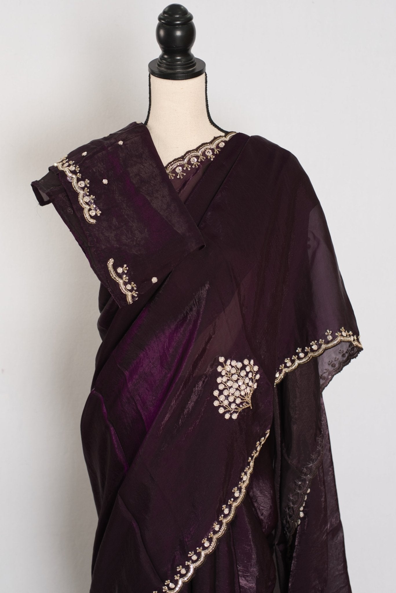 Rini: Deep Purple Glass Tissue Saree with Cut Dana Work | Partywear